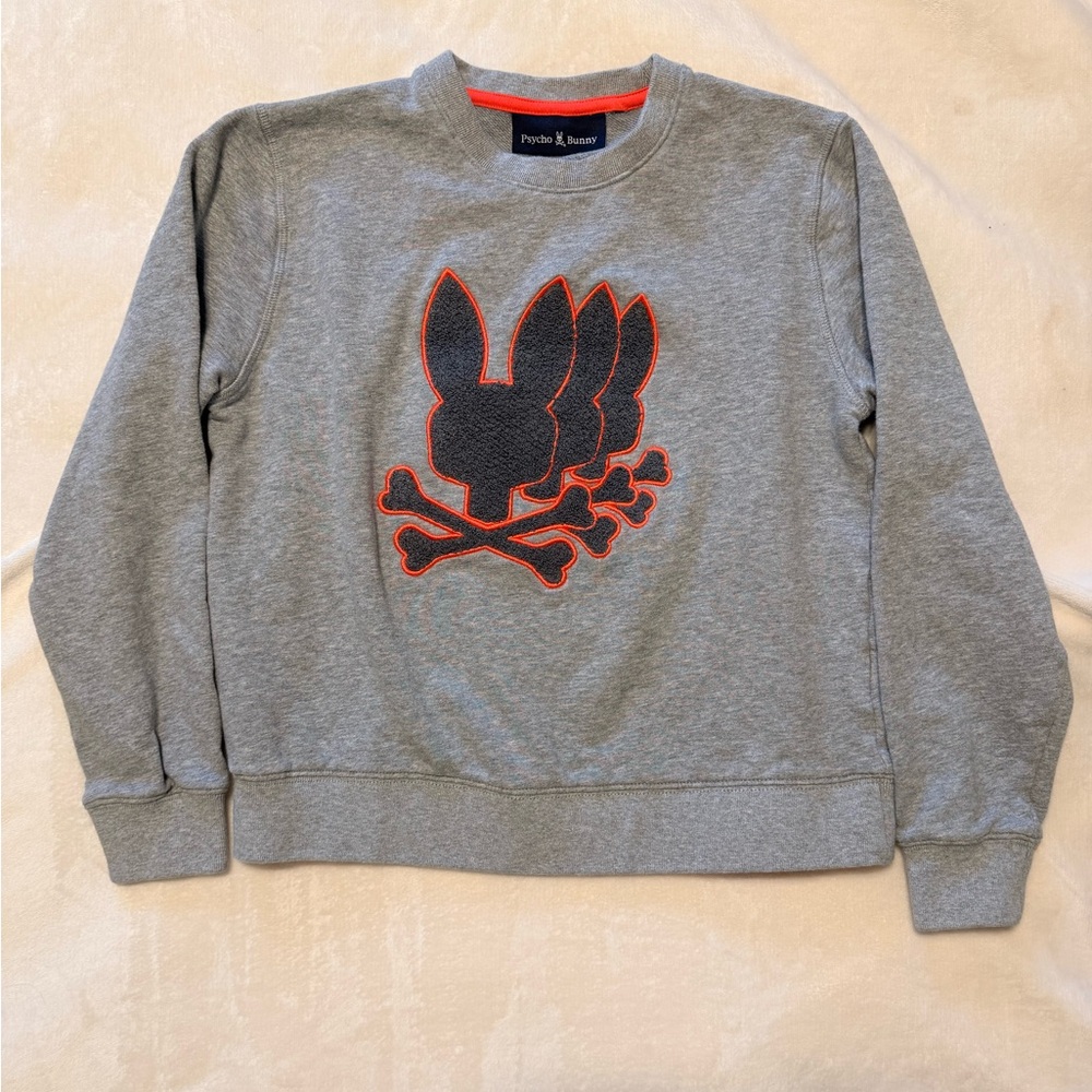 Psycho Bunny Kids Grey Long Sleeve Crewneck Sweatshirt Skull Orange 8/10 medium